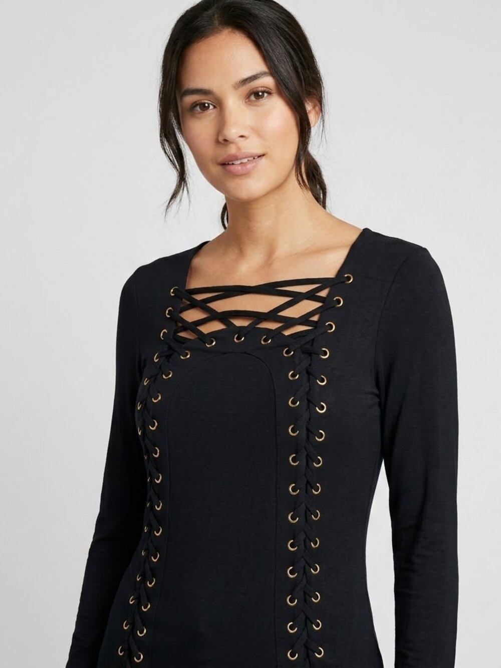 VENUS Black Lace Up Side Grommet Long Sleeve Scoop Neck Top Large